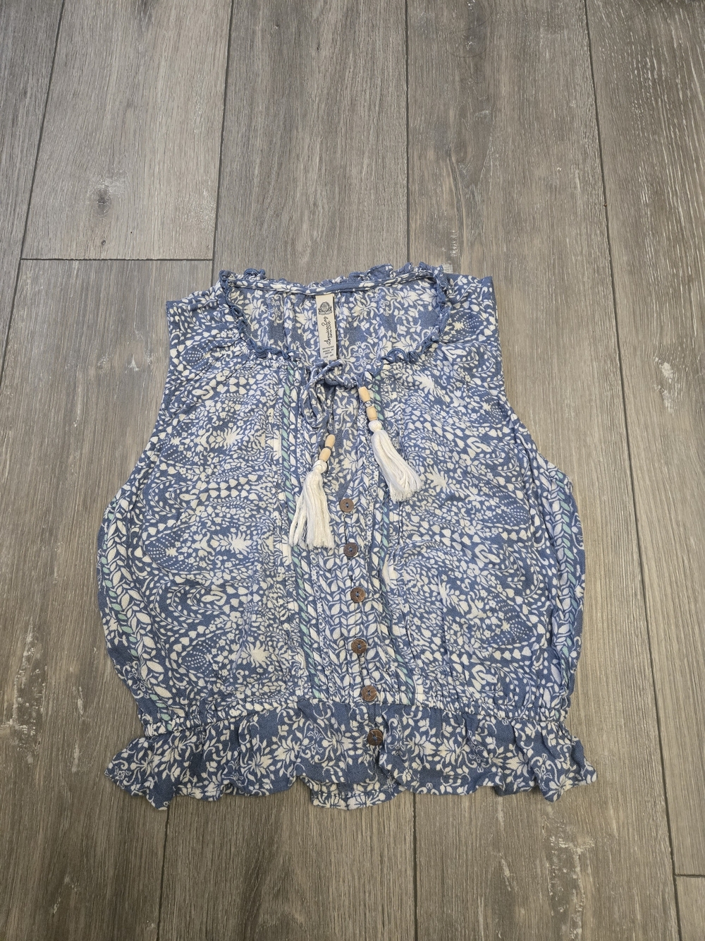 American Rag Blue Printed Sleeveless Tie-Neck Crop Top with Tassels